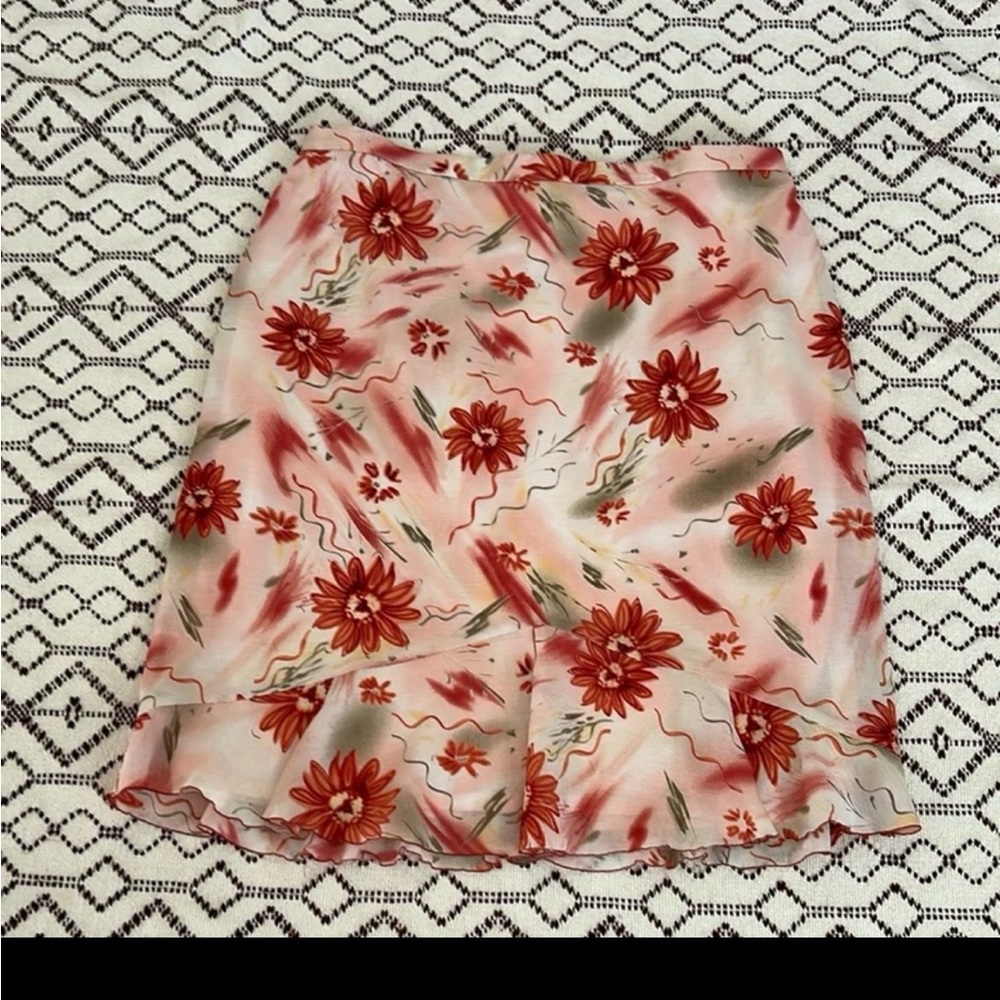 Vintage Augusto Red & Green Floral Ruffle Hemline Midi Skirt Sz 20/21